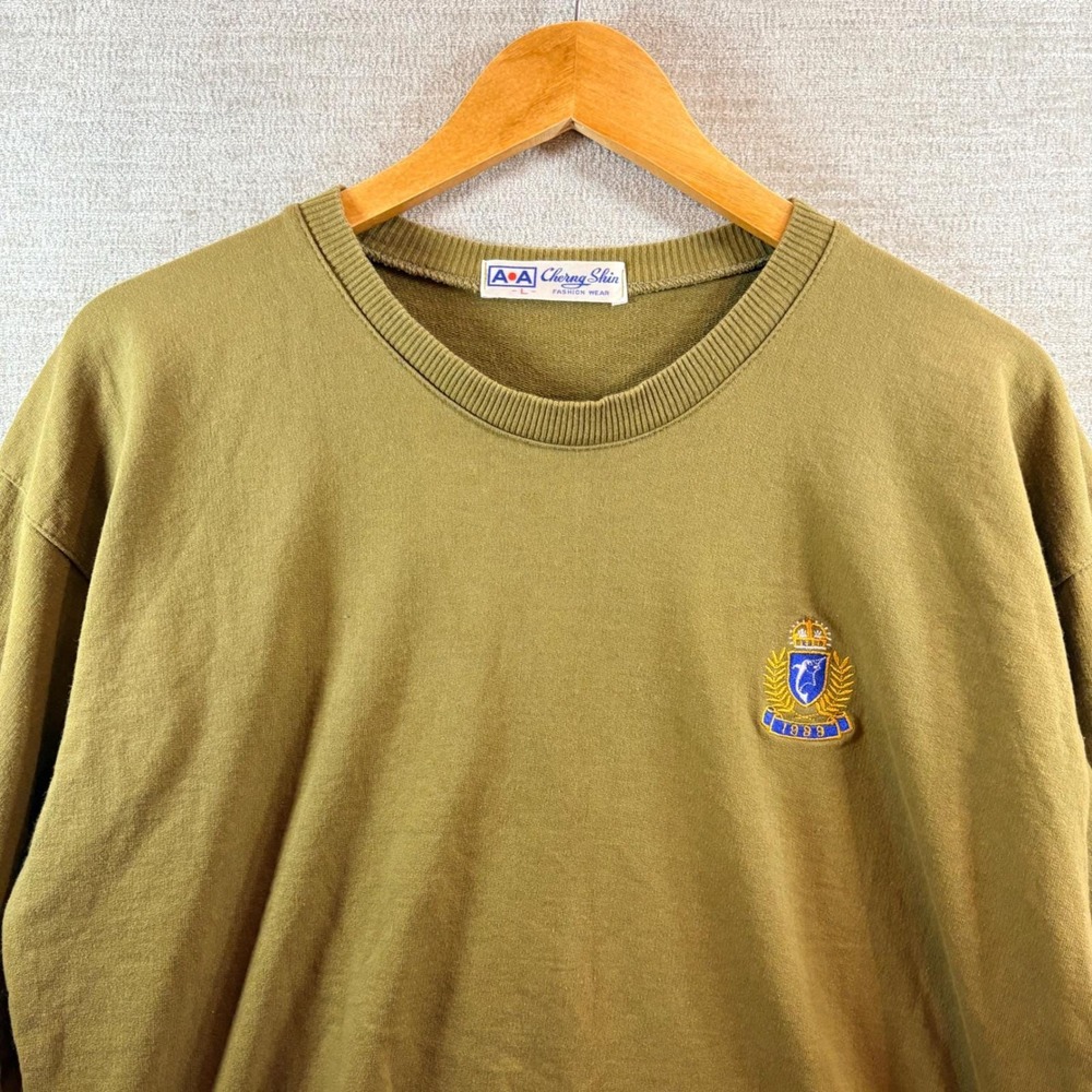 TRUE VINTAGE 1980'S Cherng Shin Taiwan Crewneck Olive Green Sweatshirt Size LG